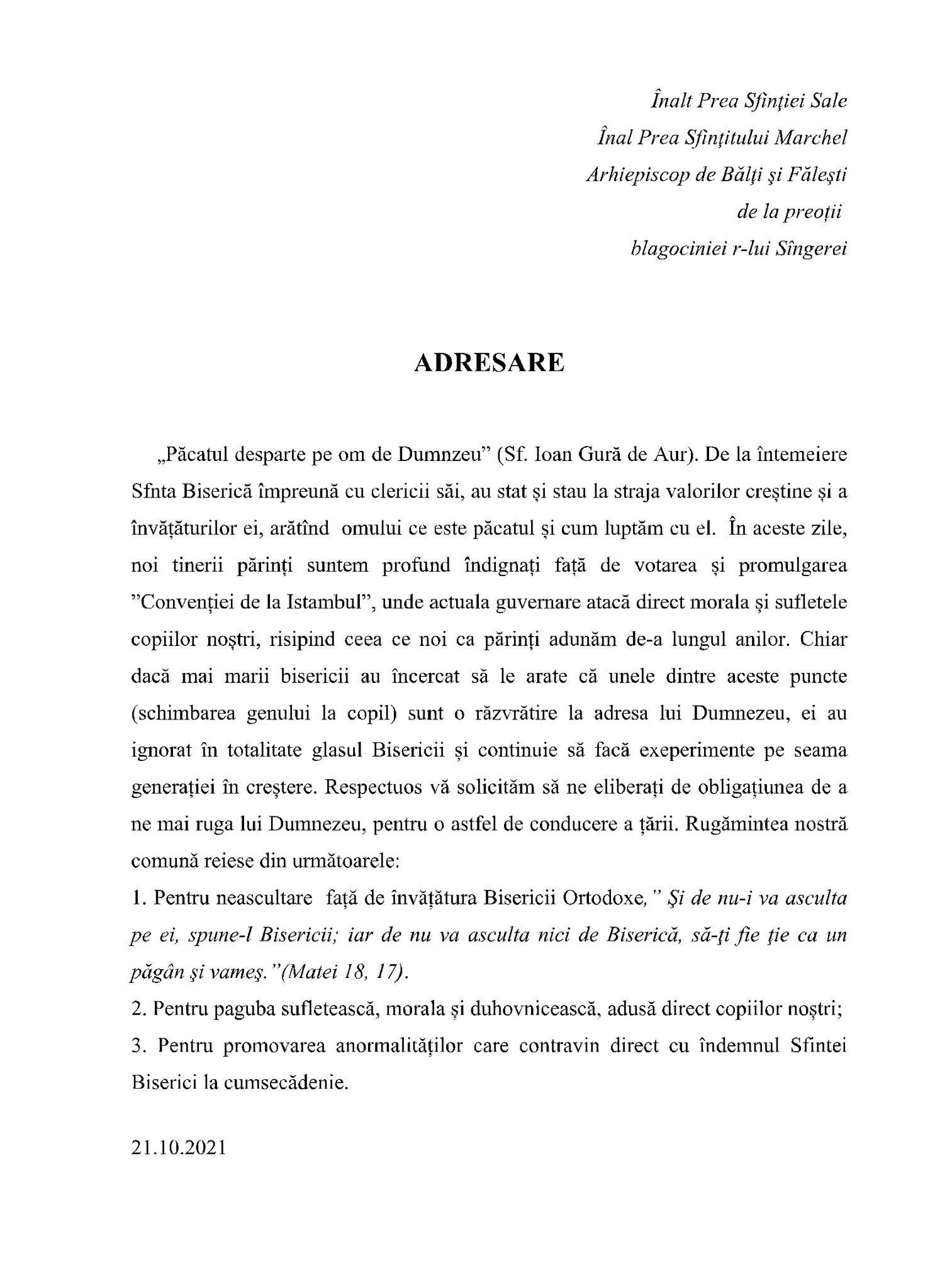 „Conducerea țării nu merită să fie pomenită la Sfânta Liturghie.” Mesajul Clerului și Enoriașilor Eparhiei de Bălți și Fălești, după ratificarea Convenției de la Istanbul