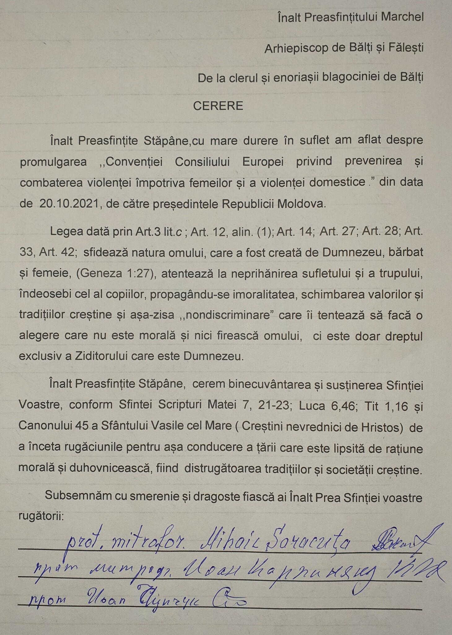 „Conducerea țării nu merită să fie pomenită la Sfânta Liturghie.” Mesajul Clerului și Enoriașilor Eparhiei de Bălți și Fălești, după ratificarea Convenției de la Istanbul