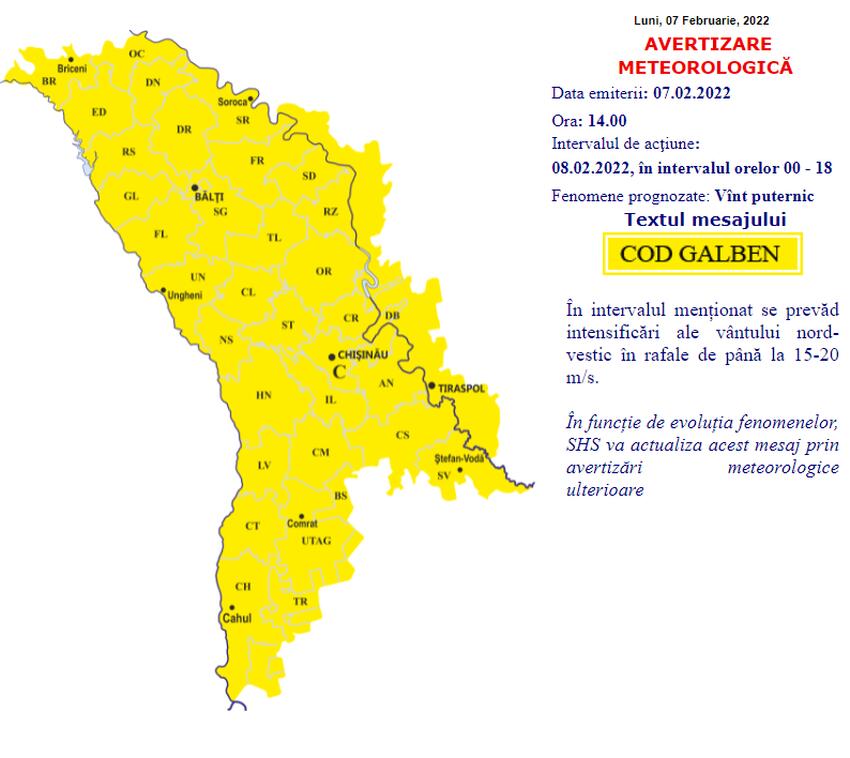 Cod Galben de vânt puternic pe întreg teritoriul țării. Avertismentul meteorologilor