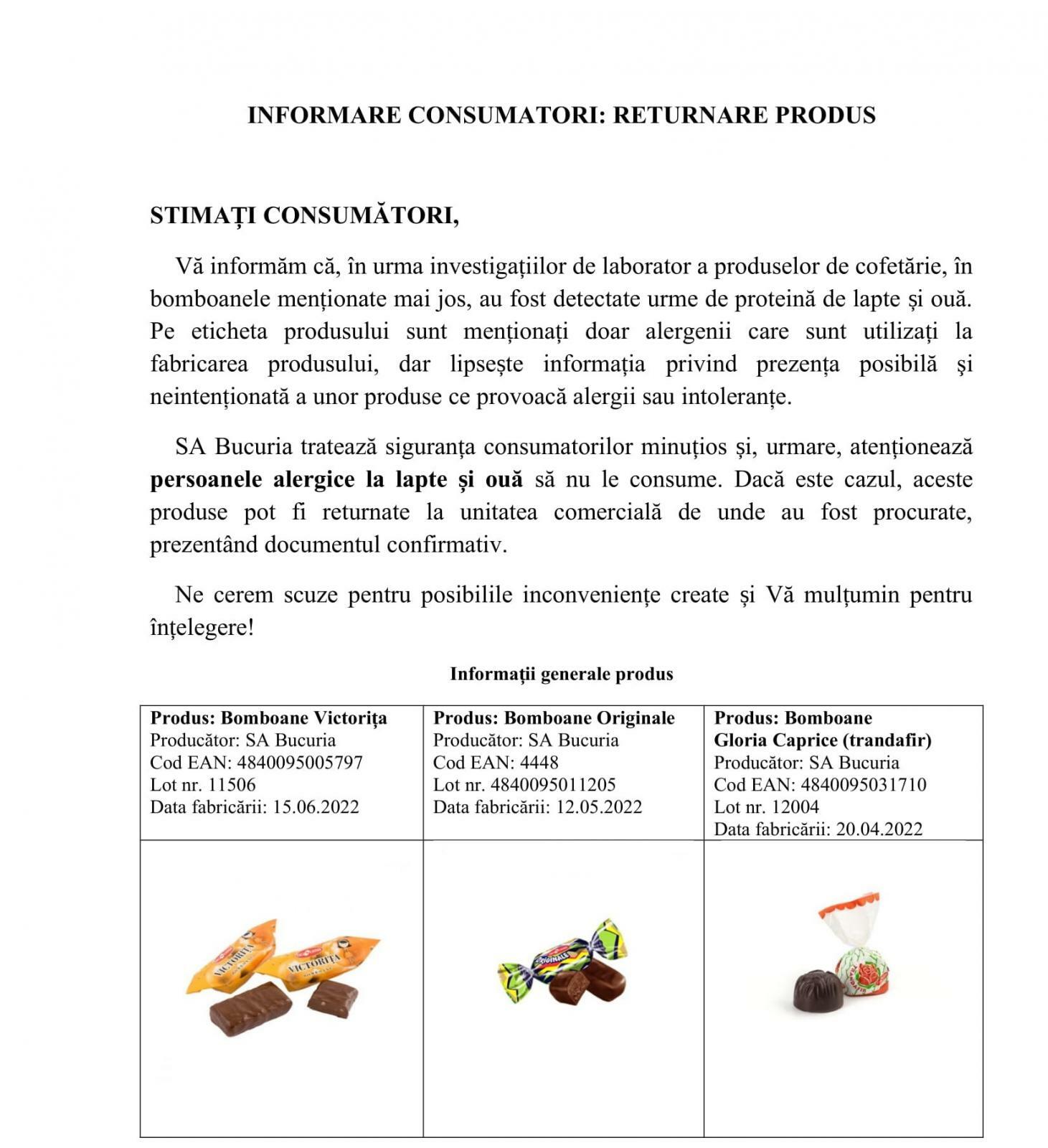 ATENȚIE! Trei tipuri de bomboane „BUCURIA” retrase din comerț. Ce nereguli a depistat ANSA